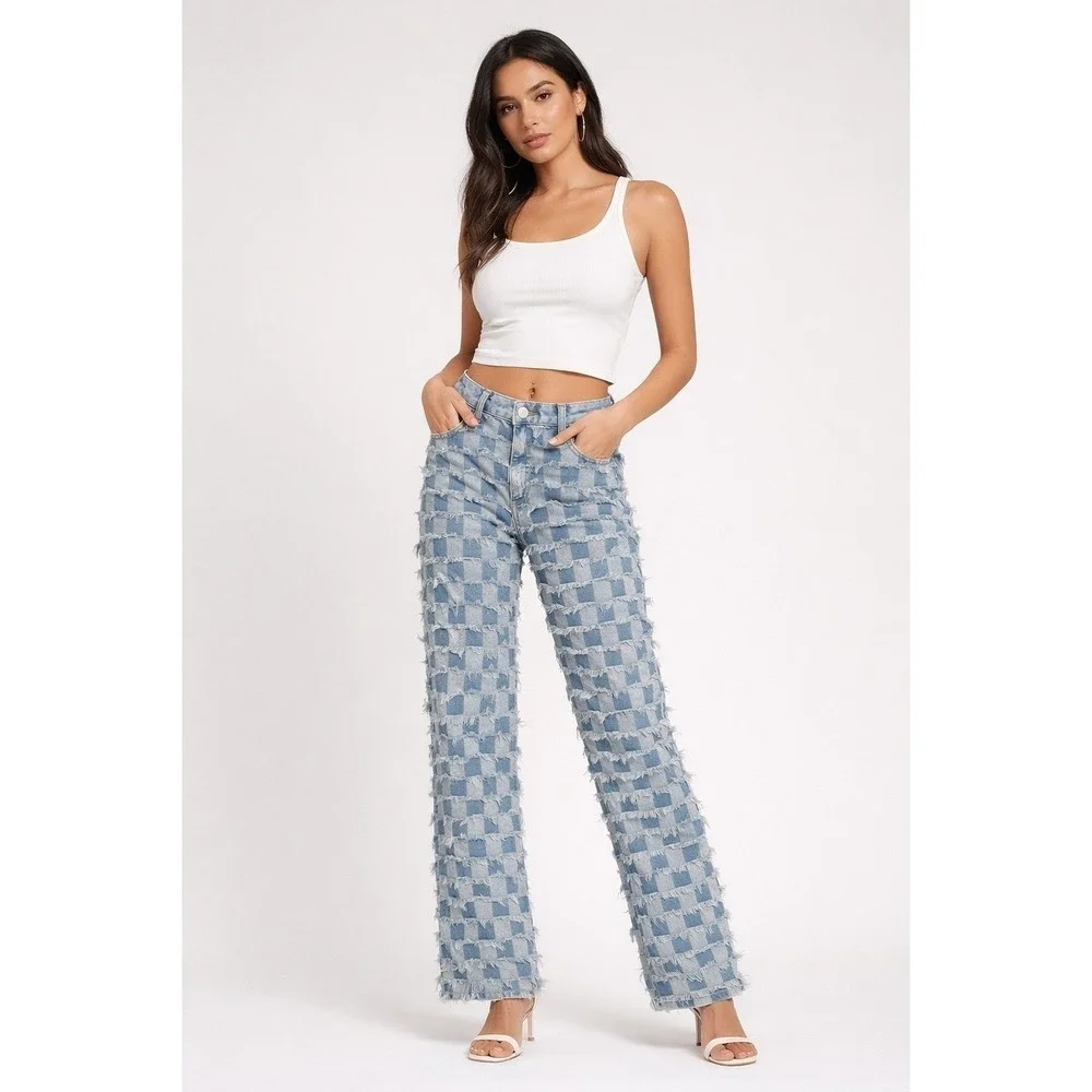 PrettyLittleThing Frayed Checkerboard Distressed High Waist Straight Jeans US 0